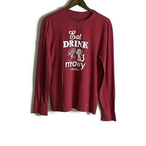 LIFE IS GOOD Mens Red Crusher Long Sleeve T Shirt Size S Cat Meowy Eat Drink